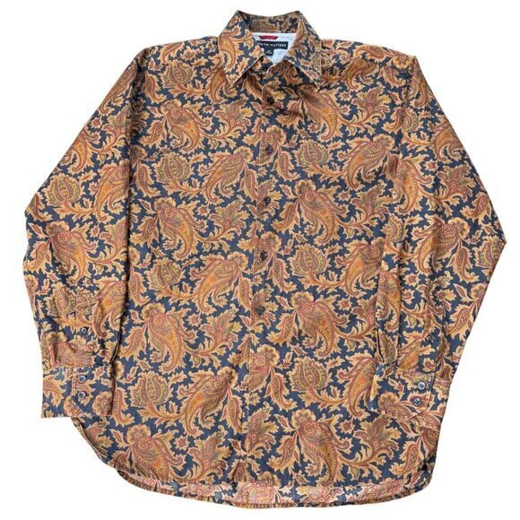 Tommy Hilfiger VTG Men M Green Brown Gold‎ Paisley Button Down Shirt Y2K | L1 - Picture 1 of 7